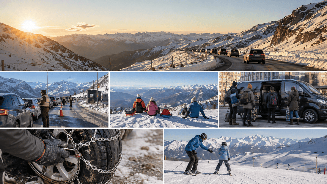 Camino a Farellones al amanecer con autos subiendo a la nieve desde Santiago